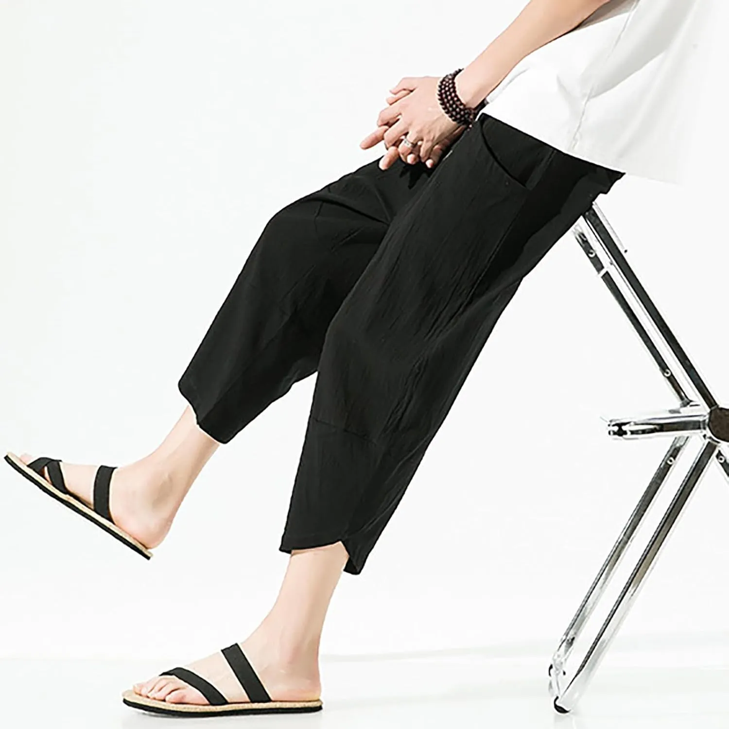 Mens Casual Baggy Cotton Linen Pocket Lounge Harem Pants Beach Long Shorts Below Knee Loose Fit Linen Pants