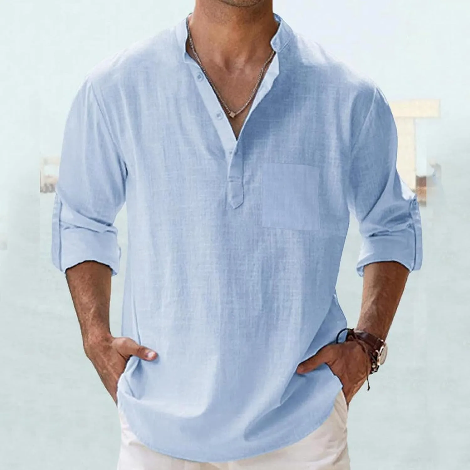 Men's Casual Button Down Shirts Long Sleeve Linen Shirt Fashion Beach Summer Shirt Solid Short Sleeve Summer Beach Shirts