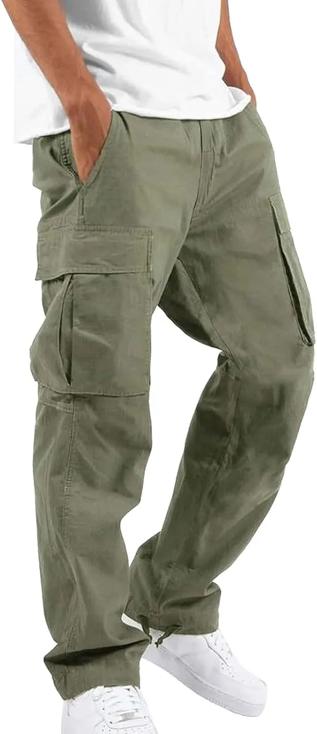 Men's Casual Cargo Pants Drawstring Elastic Waist Hiking Pants Workout Joggers Sweatpants Streetwear Trousers