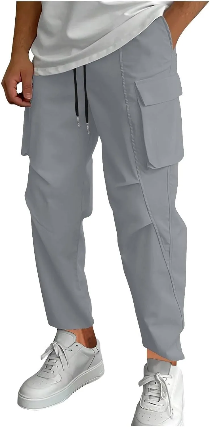 Men's Casual Cargo Pants Elastic Waist Drawstring Joggers Pant Athletic Baggy Jogging Sweatpants with Flap Pockets