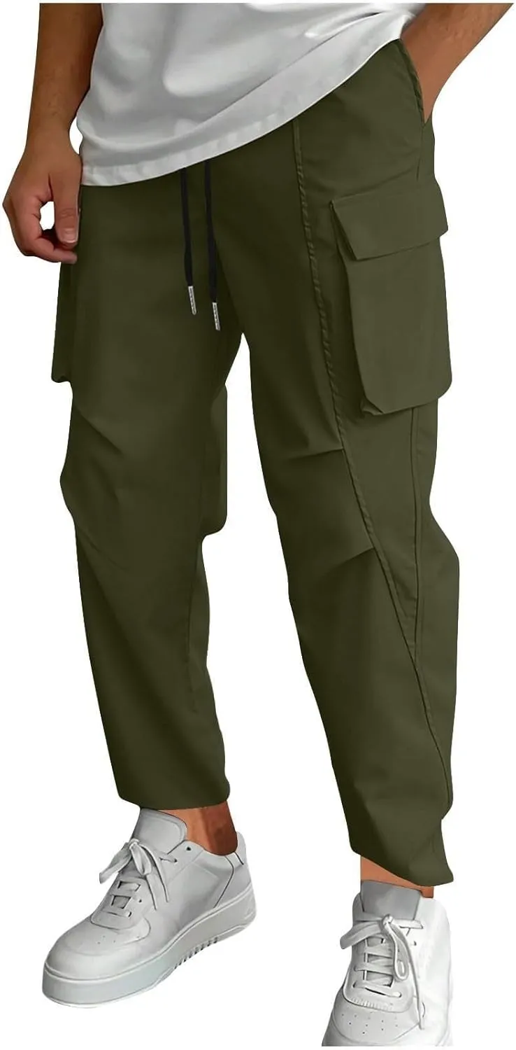 Men's Casual Cargo Pants Elastic Waist Drawstring Joggers Pant Athletic Baggy Jogging Sweatpants with Flap Pockets