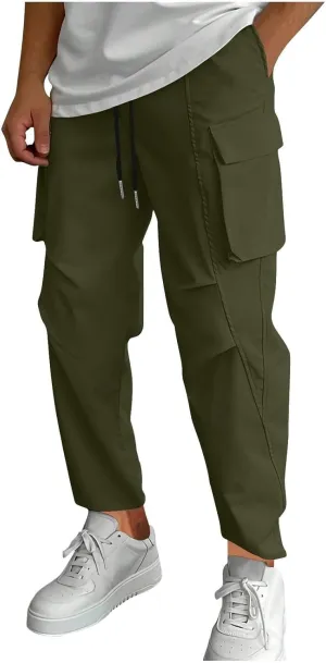 Men's Casual Cargo Pants Elastic Waist Drawstring Joggers Pant Athletic Baggy Jogging Sweatpants with Flap Pockets