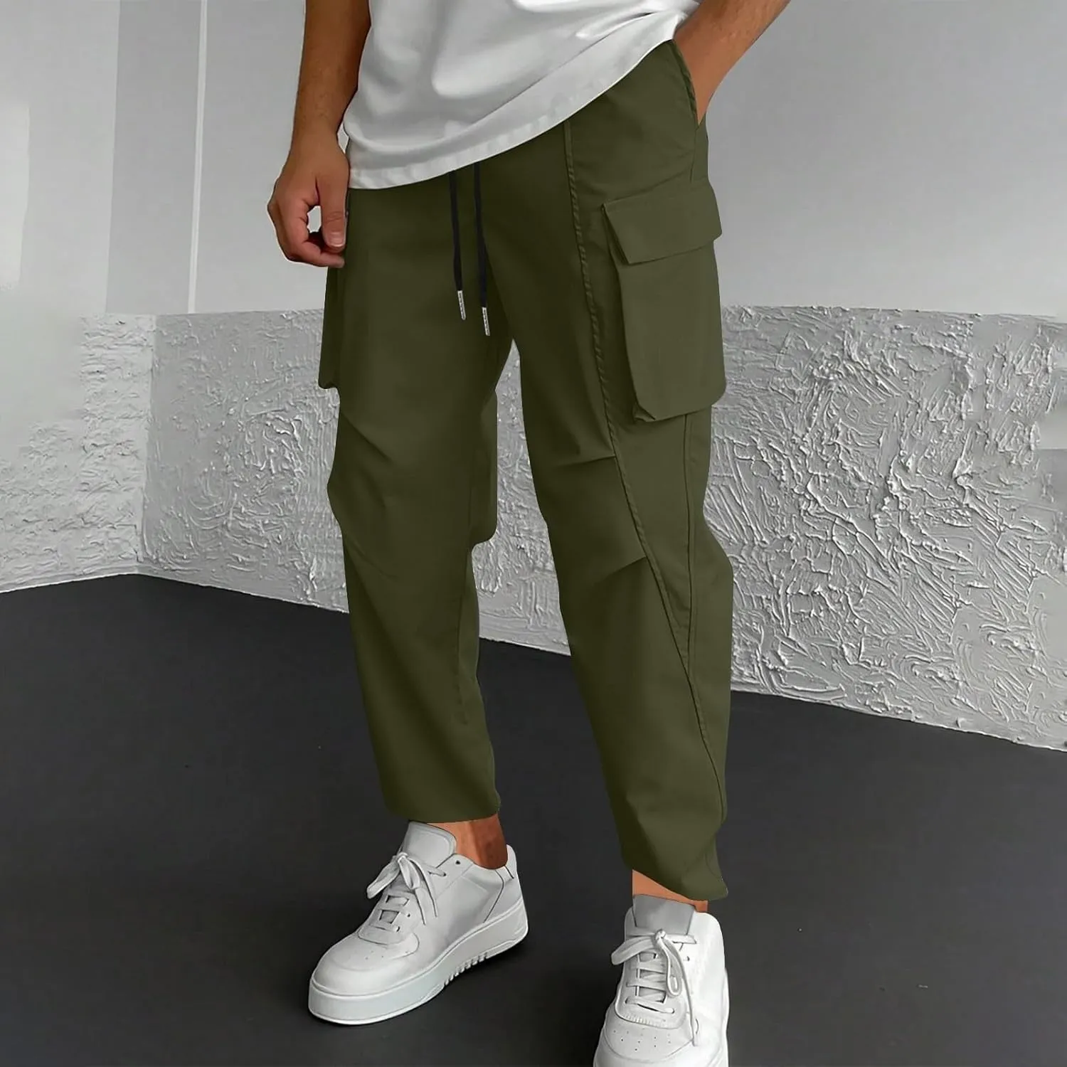 Men's Casual Cargo Pants Elastic Waist Drawstring Joggers Pant Athletic Baggy Jogging Sweatpants with Flap Pockets