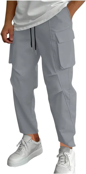 Men's Casual Cargo Pants Elastic Waist Drawstring Joggers Pant Athletic Baggy Jogging Sweatpants with Flap Pockets
