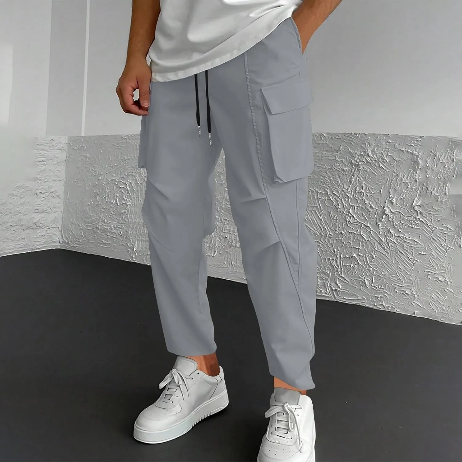 Men's Casual Cargo Pants Elastic Waist Drawstring Joggers Pant Athletic Baggy Jogging Sweatpants with Flap Pockets
