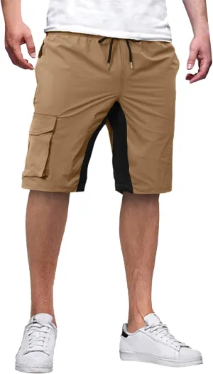Mens Casual Cargo Pants Elastic Waist Drawstring Stretch Relaxed Fit Work Pants Color Matching Sweatpants