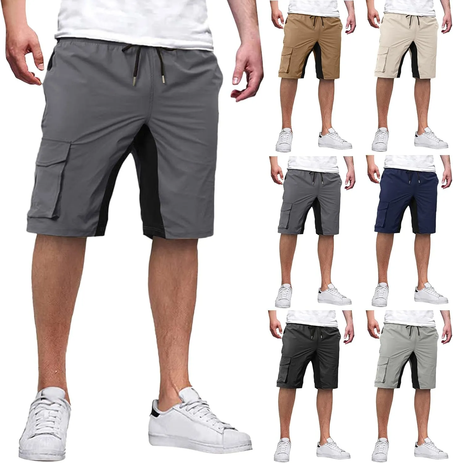 Mens Casual Cargo Pants Elastic Waist Drawstring Stretch Relaxed Fit Work Pants Color Matching Sweatpants