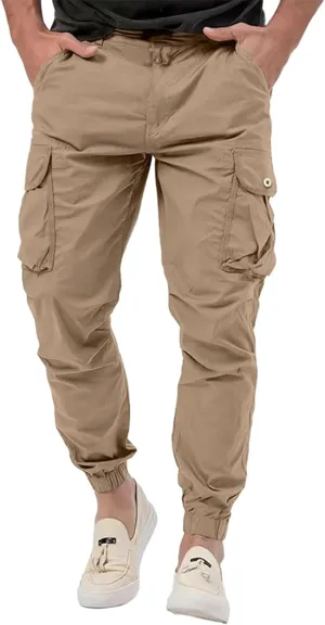Mens Casual Cargo Pants Tapered Stretch Twill with Drawstring Elastic Waist & Multiple Pockets for Everyday Wear
