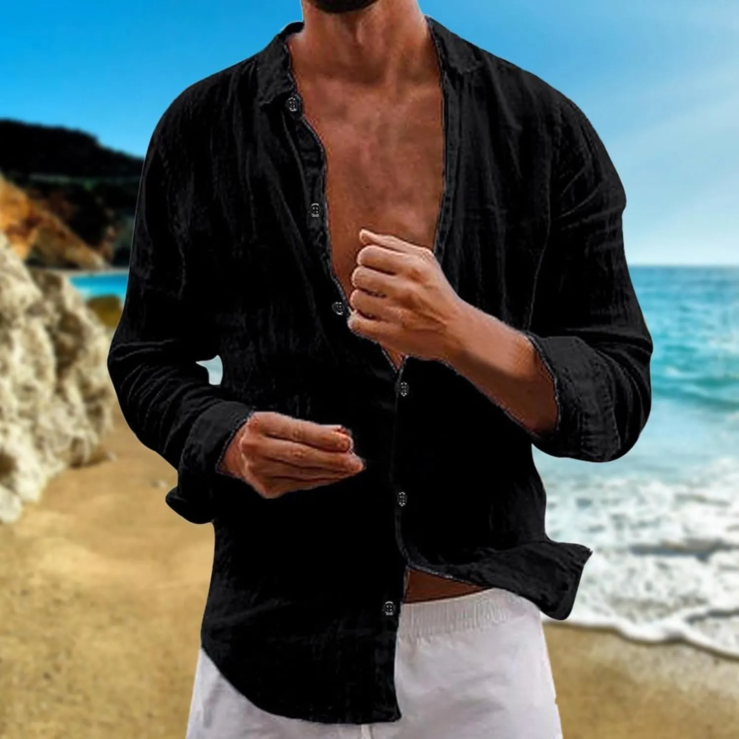 Mens Casual Cotton Linen Button Down Long Sleeve Shirts Cuban Camp Beach Summer Vacation Wedding Shirt