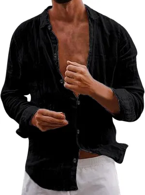 Mens Casual Cotton Linen Button Down Long Sleeve Shirts Cuban Camp Beach Summer Vacation Wedding Shirt