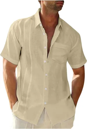 Mens Casual Cotton Linen Shirt Short Sleeve Button Shirt Hawaiian Shirts Lapel Leisure T-Shirt