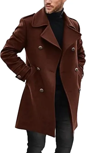 Men's Casual Trench Coat Notched Collar Double Breasted Wool Blend Pea Coat Fall Winte Warm Soft Overcoat for Business