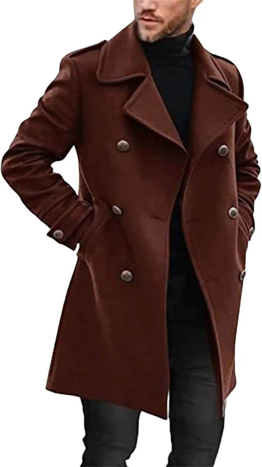 Men's Casual Trench Coat Notched Collar Double Breasted Wool Blend Pea Coat Fall Winte Warm Soft Overcoat for Business