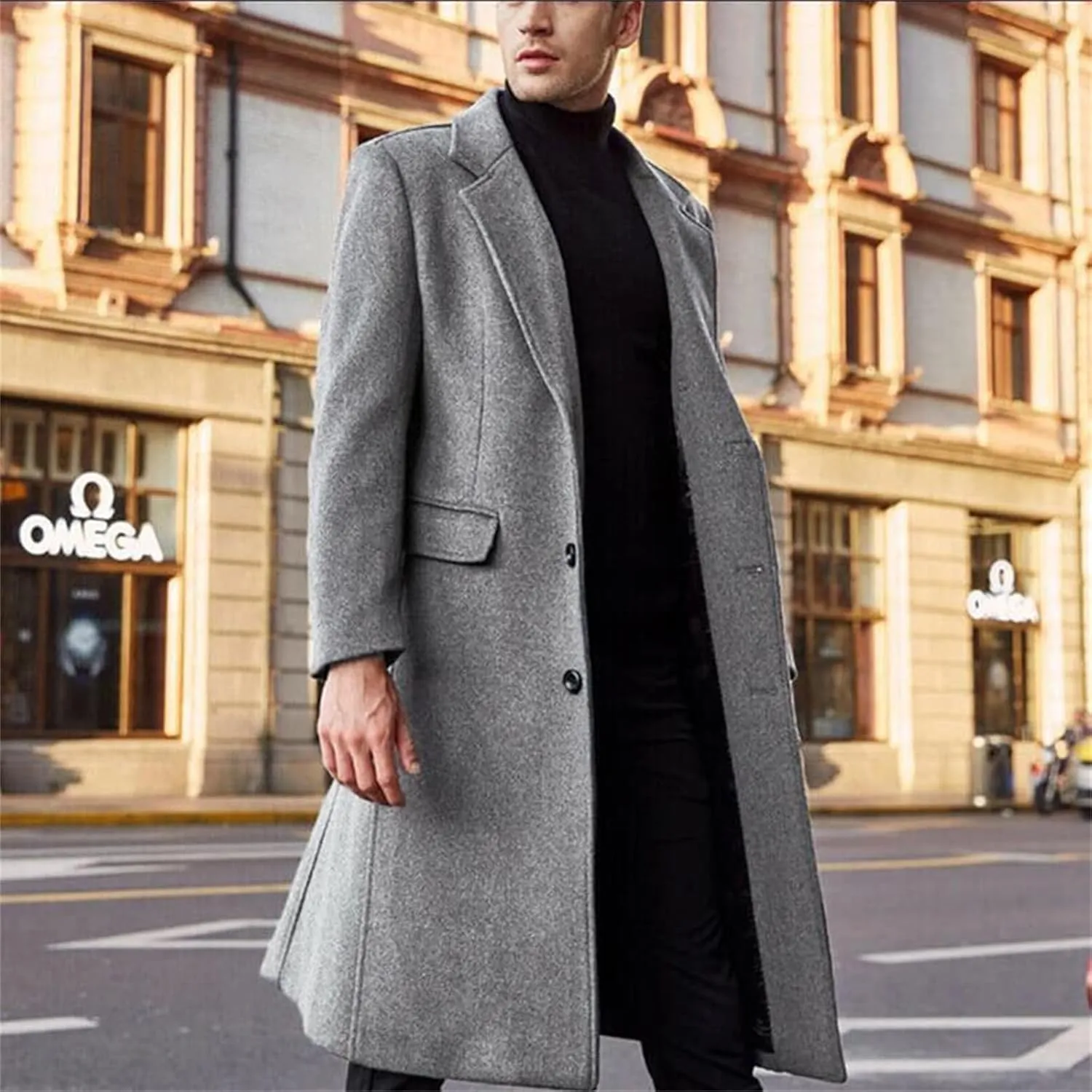 Men's Casual Trench Coat Slim Fit Long Jacket Single Breasted Overcoat Casual Pea Coat Winter Windproof Warm Tops