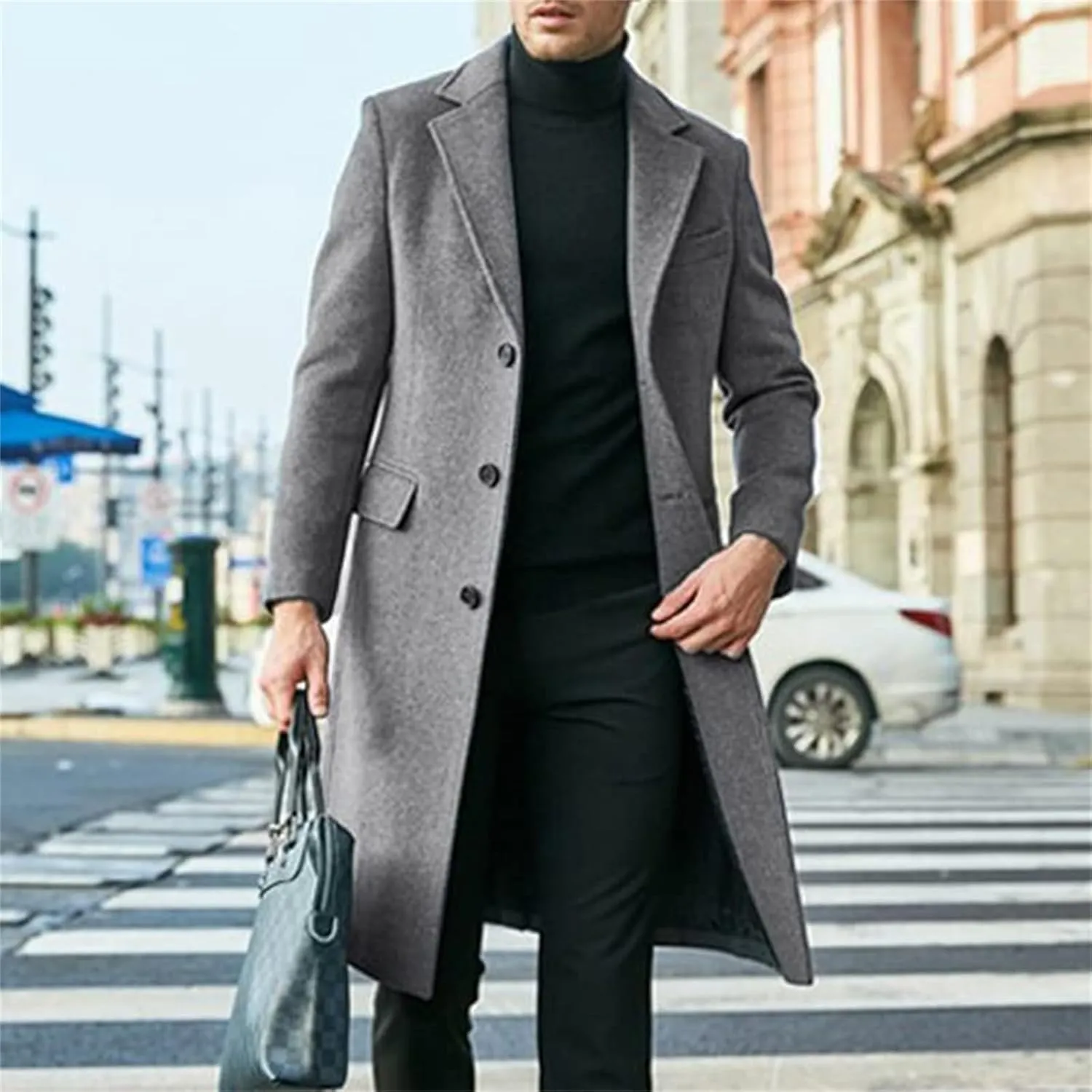 Men's Casual Trench Coat Slim Fit Long Jacket Single Breasted Overcoat Casual Pea Coat Winter Windproof Warm Tops