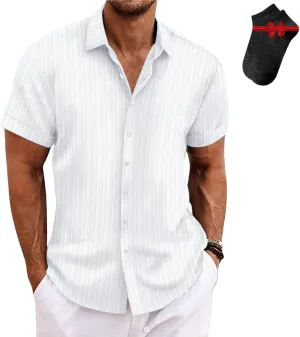 Men's Cotton and Linen Comfortable Shirt,Slim Cotton Button Cardigan,Stripe Business Short Sleeve
