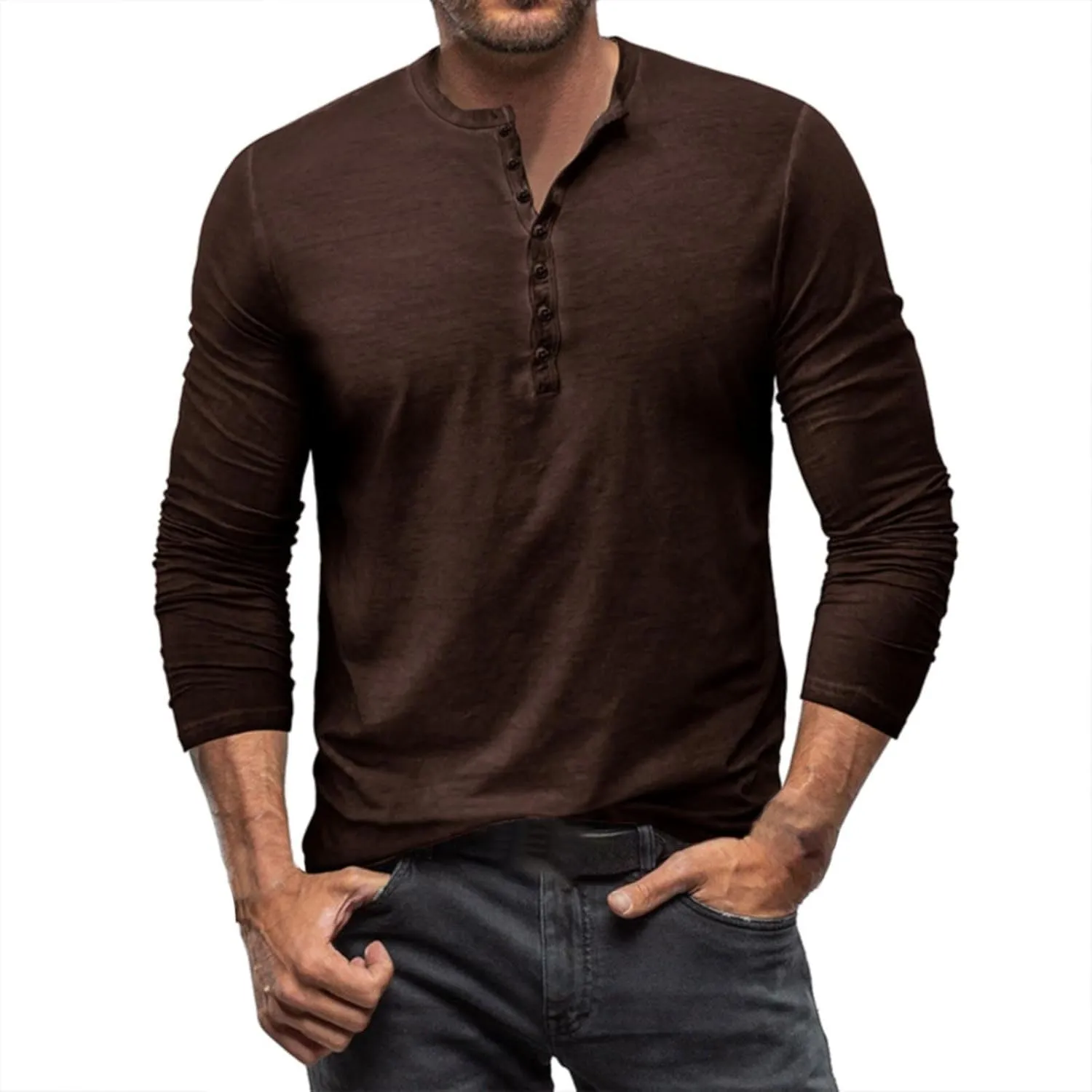 Mens Cotton Casual Henley Polo Shirts Long Sleeve Classic Button Collared Cotton Tops Lightweight Basic Golf Shirts