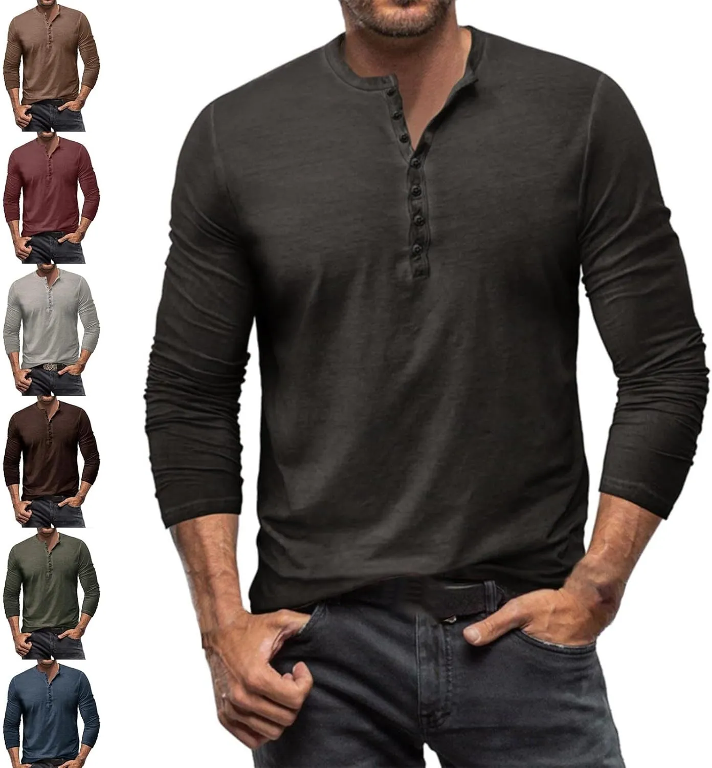 Mens Cotton Casual Henley Polo Shirts Long Sleeve Classic Button Collared Cotton Tops Lightweight Basic Golf Shirts