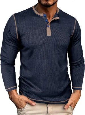 Mens Cotton Casual Henley Polo Shirts Long Sleeve Classic Button Collared Cotton Tops Lightweight Basic Golf Shirts