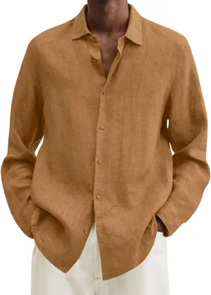 Mens Cotton Linen Hoodie Lightweight Long Sleeved Lapel Cotton Pocket Shirt Tops V Neck Button Down Hooded Shirt