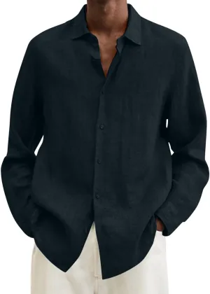 Mens Cotton Linen Hoodie Lightweight Long Sleeved Lapel Cotton Pocket Shirt Tops V Neck Button Down Hooded Shirt