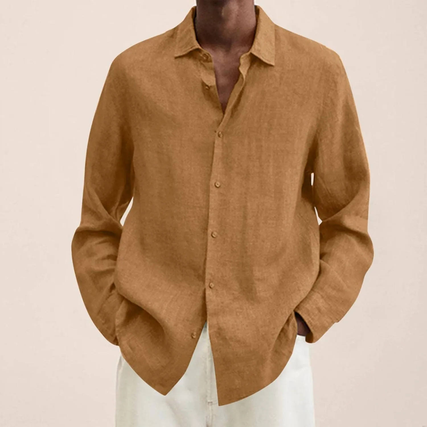 Mens Cotton Linen Hoodie Lightweight Long Sleeved Lapel Cotton Pocket Shirt Tops V Neck Button Down Hooded Shirt