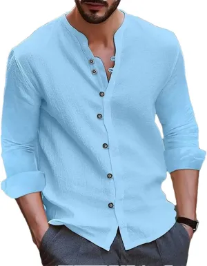 Men's Cotton Linen Shirt Loose Comfortable Linen Stand Collar Solid Color Shirt