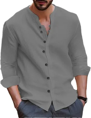 Men's Cotton Linen Shirt Loose Comfortable Linen Stand Collar Solid Color Shirt