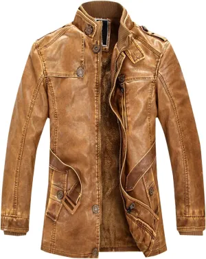 Men's Faux Leather Jacket Vintage Stand Collar Motorcycle PU Leather Outwear Coat Zip Buttons Fall Winter Fleece Coat