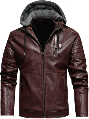 Mens Faux Leather Jacket with Hood Motorcycle Jacket Casual Warm Winter Coat Zipper Lightweight Biker Outwear Hoodies