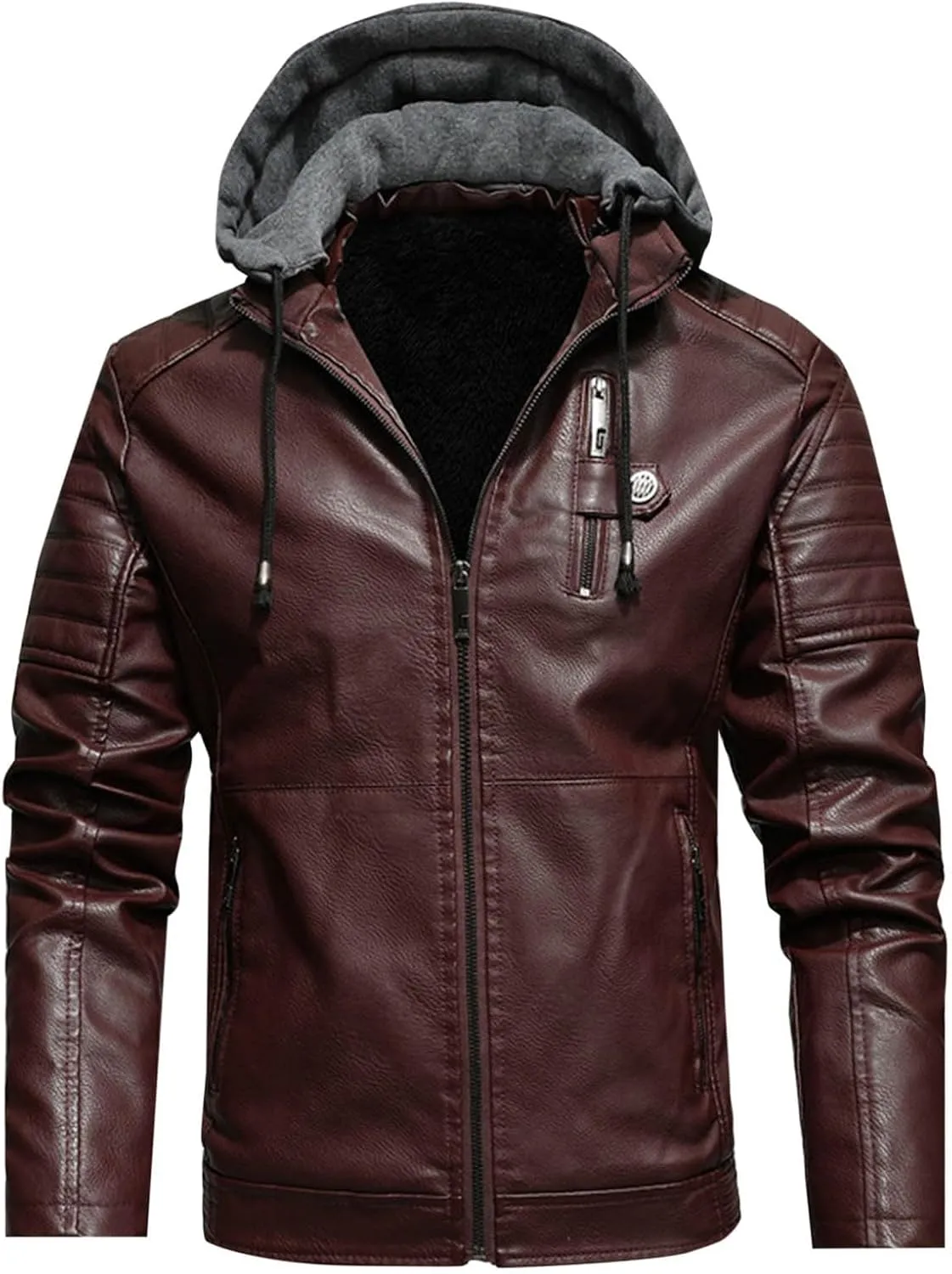 Mens Faux Leather Jacket with Hood Motorcycle Jacket Casual Warm Winter Coat Zipper Lightweight Biker Outwear Hoodies