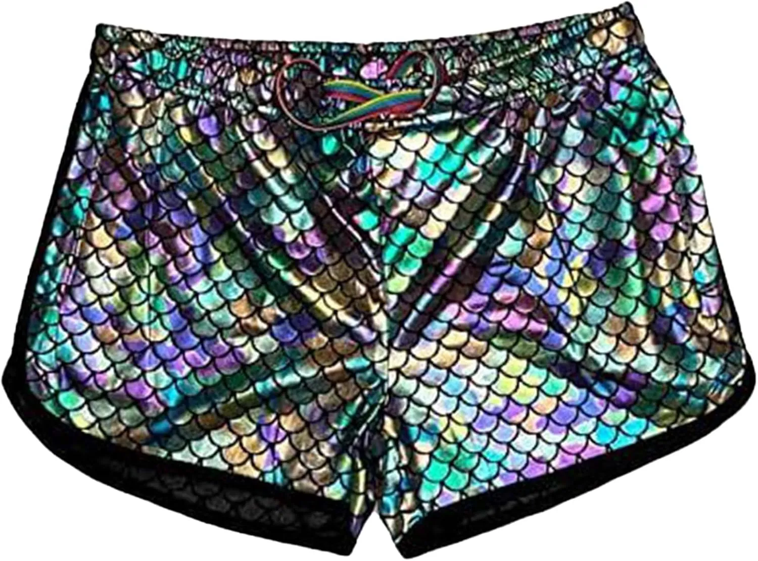 Men's Fish Scale Shorts Rainbow Drawstring Skinny Night Party Rave Shorts Clubwear Stretchy Lightweight Booty Short