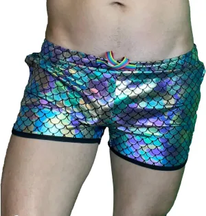Men's Fish Scale Shorts Rainbow Drawstring Skinny Night Party Rave Shorts Clubwear Stretchy Lightweight Booty Short
