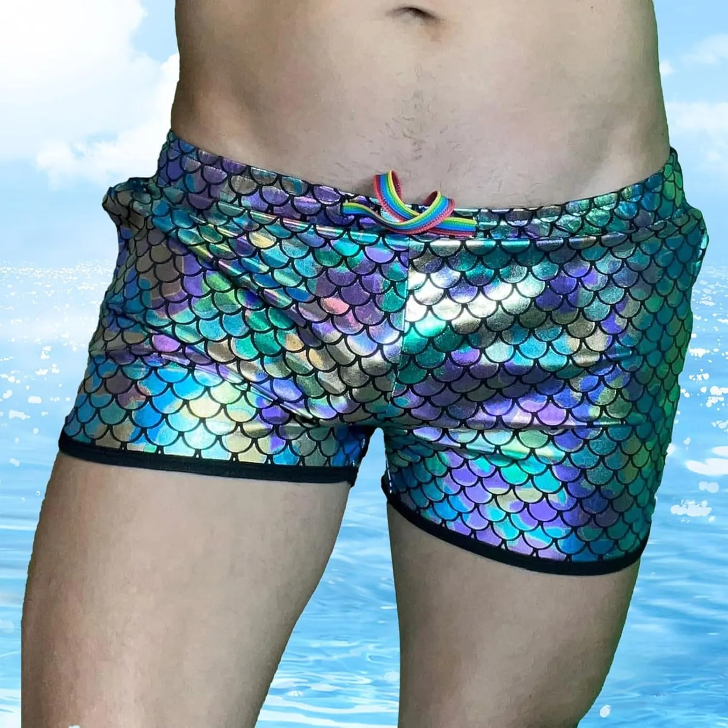 Men's Fish Scale Shorts Rainbow Drawstring Skinny Night Party Rave Shorts Clubwear Stretchy Lightweight Booty Short