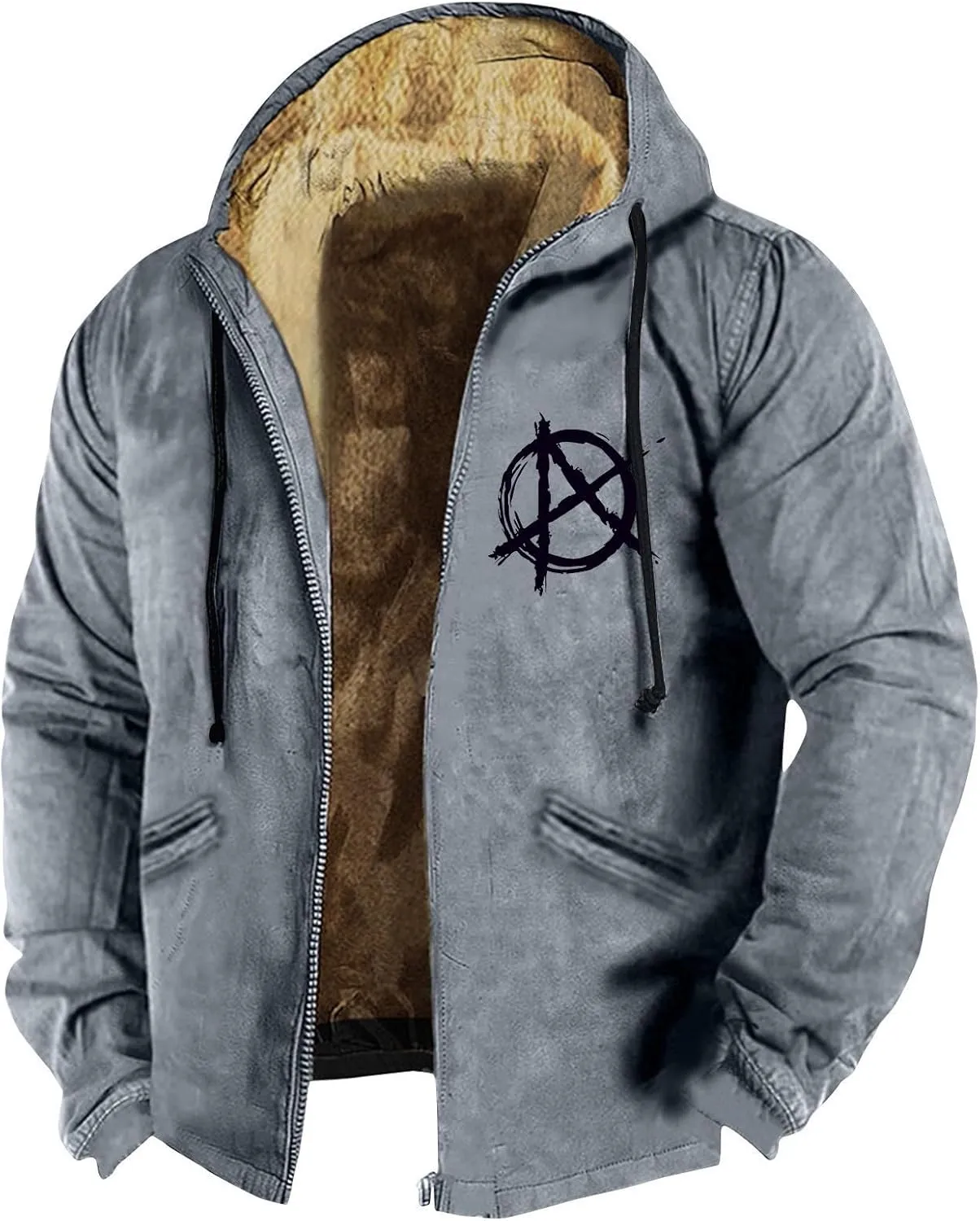 Mens Flag Print Jacket Fuzzy Sherpa Long Sleeve Fleece Zip Up Outdoor Thick Varsity Coat M-7XL
