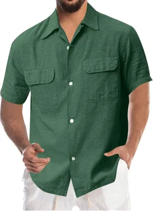 Mens Henley Linen Shirts Big and Tall Casual Short Sleeve Button Up T-Shirt Loose Fit Summer Beach Shirts for Men