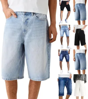Mens Jean Shorts Summer Baggy Oversized Wide Leg Cowboy Cut Bermuda Shorts Flex Waist Classic Relaxed Fit Jean Short