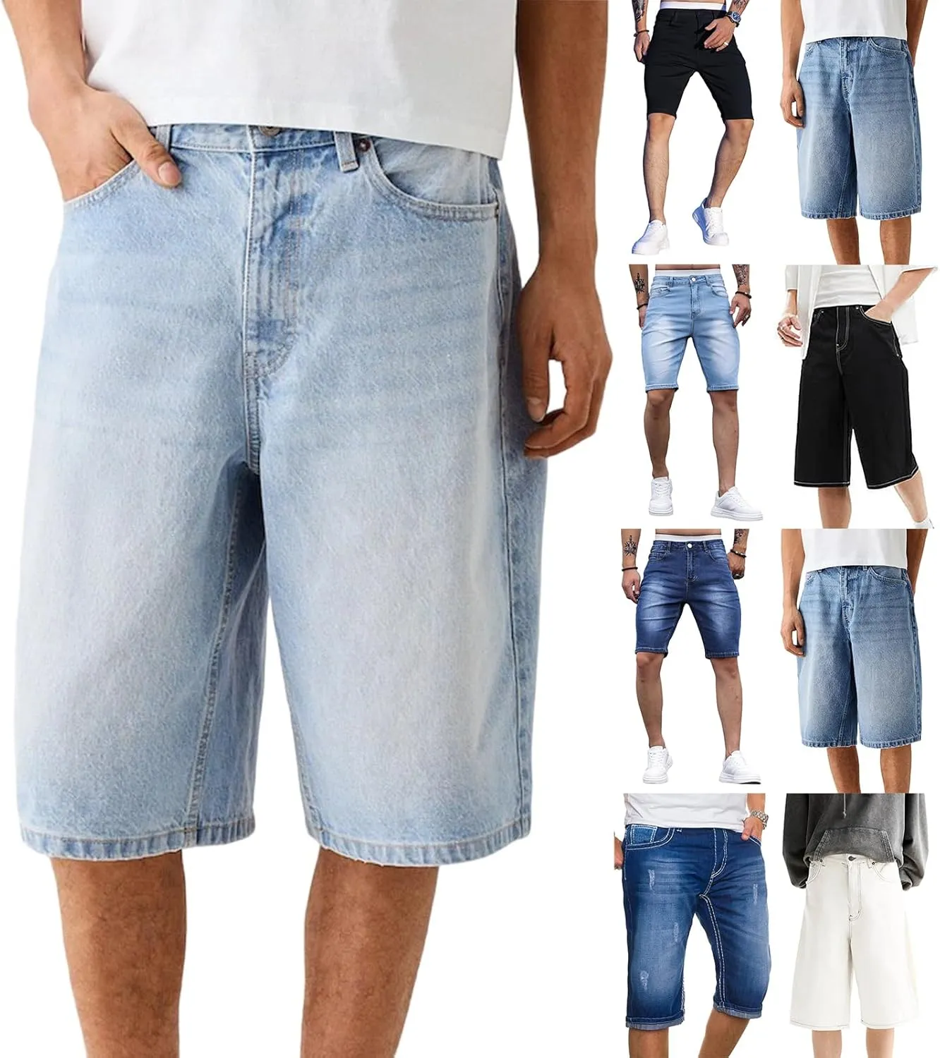 Mens Jean Shorts Summer Baggy Oversized Wide Leg Cowboy Cut Bermuda Shorts Flex Waist Classic Relaxed Fit Jean Short