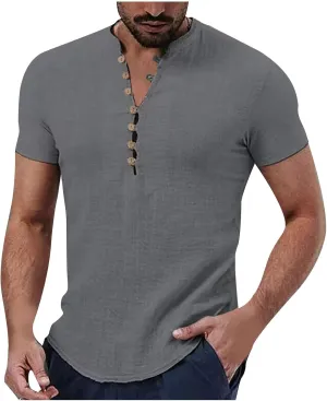Mens Linen Beach Shirts Cotton Short Sleeves Button Trendy 2025 Blouses Round Neck Outdoor Solid Loose Casual Tees