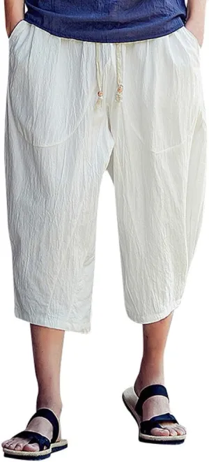 Mens Linen Cotton Baggy Harem Capri Pants Loose Fit Elastic Waist Wide Leg Beach Pants Yoga Boho Cropped Trousers White