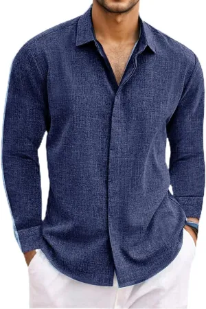 Men's Linen Long Sleeve Shirt Loose Undershirt Mens Solid Color Shirt Plus Size Summer Beach Hawaiian Shirt