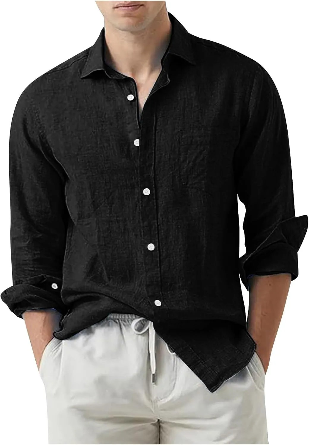 Mens Linen Shirt Dress Shirt Button Down Solid Color Long Sleeves Blouses Relaxed Sports Comfy Trendy Casual Tops