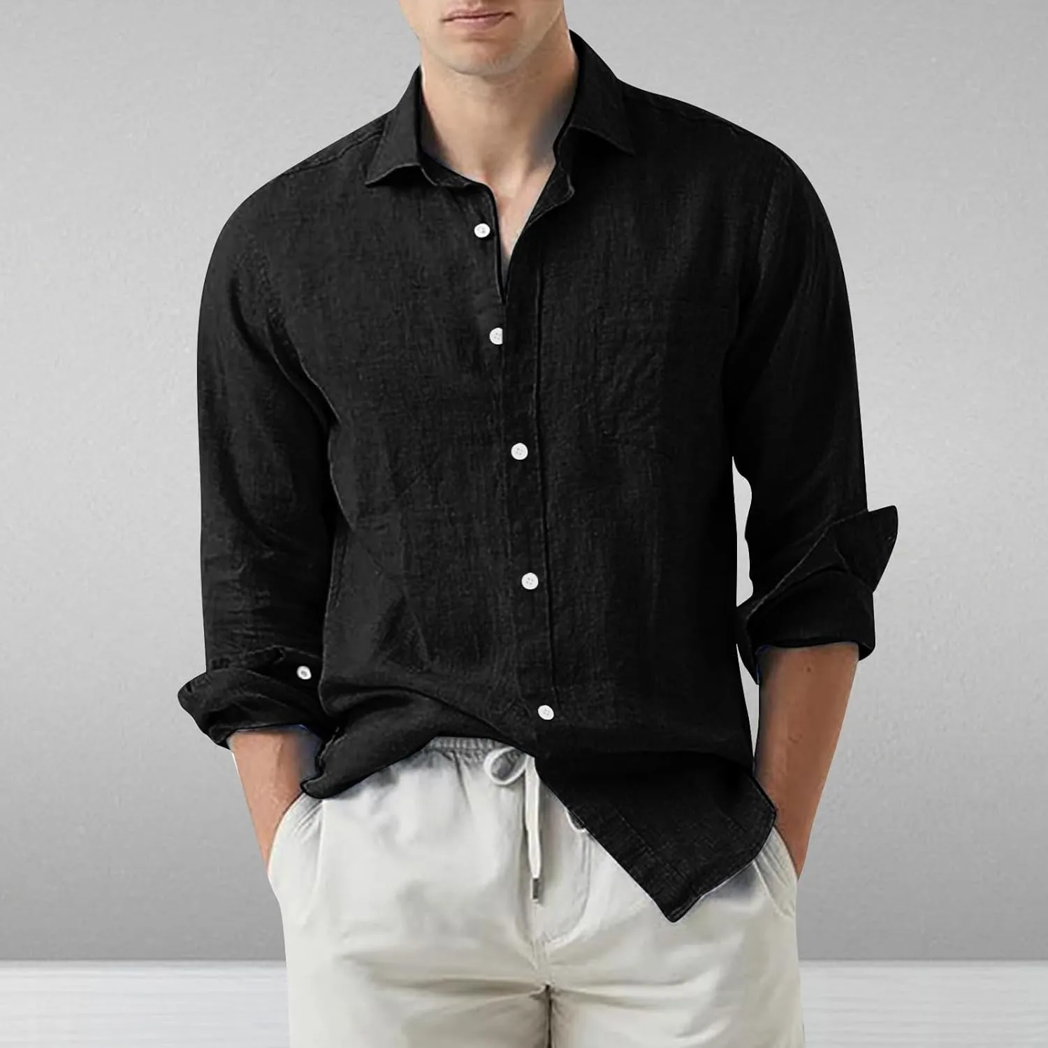 Mens Linen Shirt Dress Shirt Button Down Solid Color Long Sleeves Blouses Relaxed Sports Comfy Trendy Casual Tops