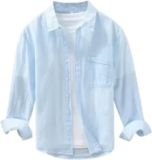 Men's Linen Shirt Spring Summer Casual Long Sleeve Pinstripe Cotton Linen Shirt