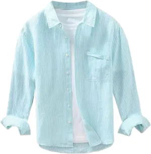 Men's Linen Shirt Spring Summer Casual Long Sleeve Pinstripe Cotton Linen Shirt