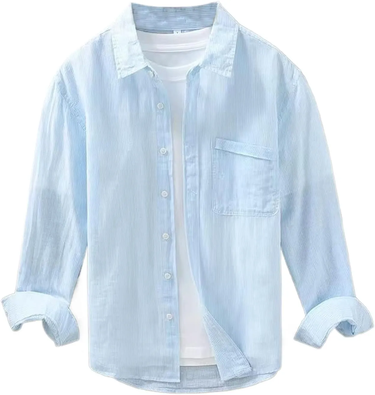 Men's Linen Shirt Spring Summer Casual Long Sleeve Pinstripe Cotton Linen Shirt