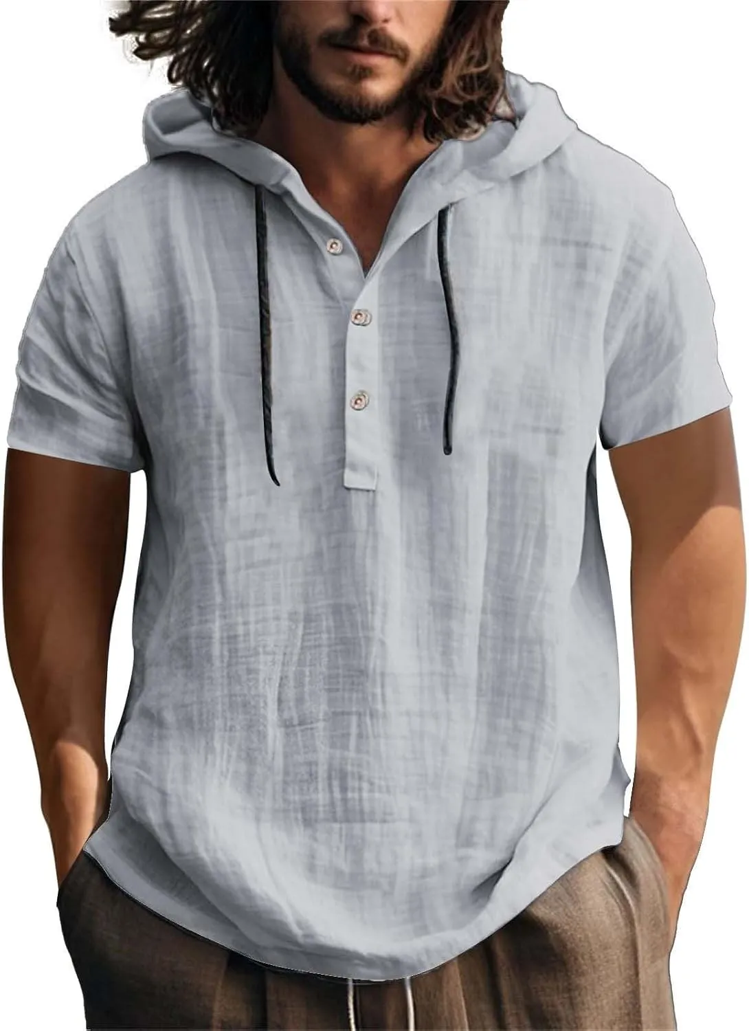 Mens Linen Shirts Casual Cotton 3/4 Sleeve Button Up Regular-Fit Henley T-Shirt Summer Lightweight Beach Yoga Tops