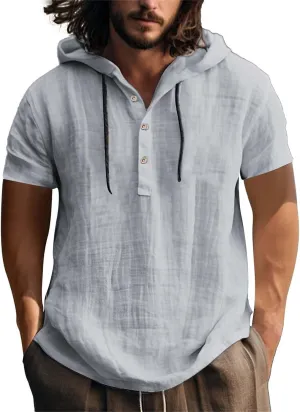 Mens Linen Shirts Casual Cotton 3/4 Sleeve Button Up Regular-Fit Henley T-Shirt Summer Lightweight Beach Yoga Tops
