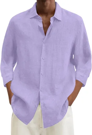 Mens Linen Shirts Long Sleeve Causal Button Down Shirt Men Summer Beach Vacation Hawaiian Shirts for Wedding Vacation
