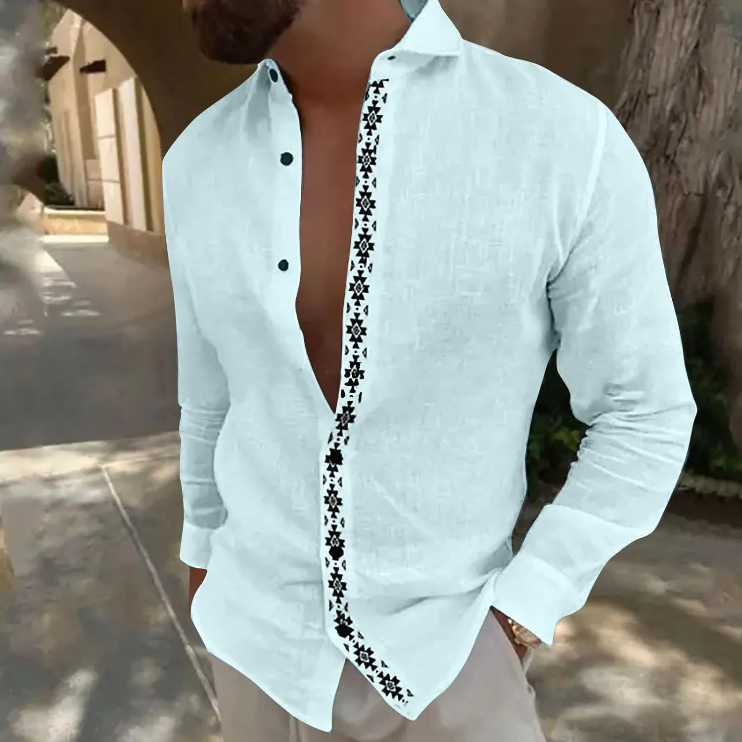 Men's Linen Shirts Long Sleeve Printed Casual Lapel Cardigan Tops Cotton Patchwork Button Trendy Spring 2025 Shirt